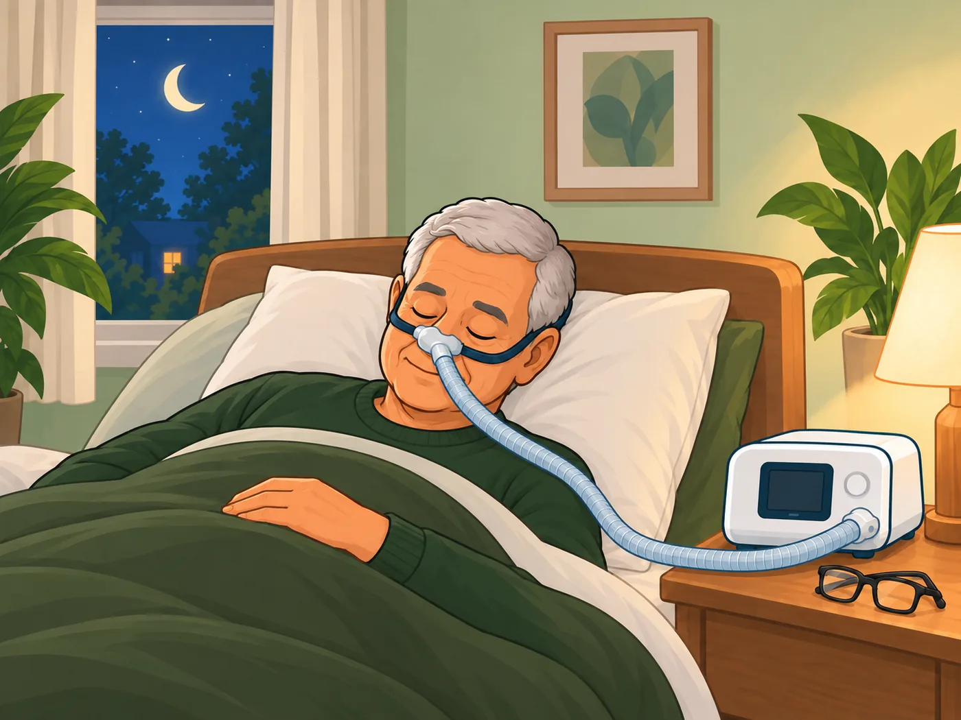 Um senhor grisalho dorme tranquilo na própria cama, à noite, com uma máscara pequena de CPAP no nariz. A mangueira liga a máscara ao aparelho sobre a mesinha, ao lado do abajur aceso e dos óculos dobrados.